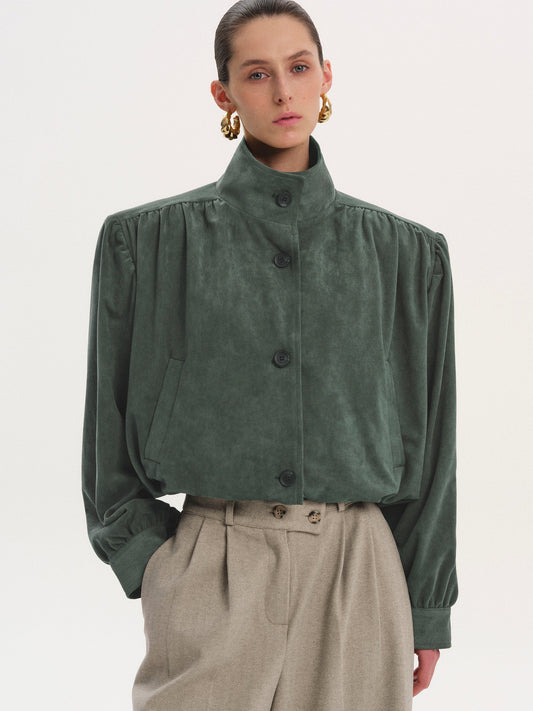 Lalisa Ruched Suede Bomber, Taupe Grey