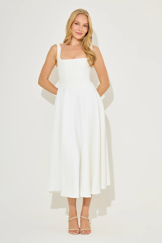 Cortez Moretti High Waist Square Neck Midi Dress - White