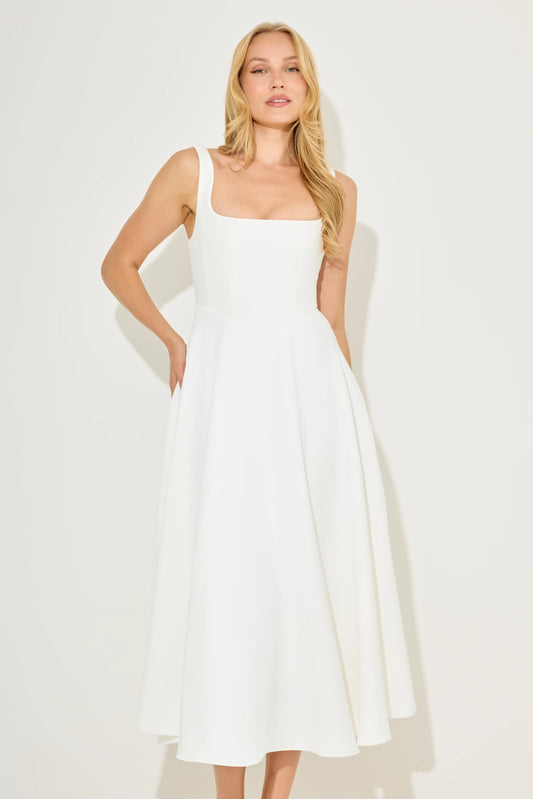 Cortez Moretti High Waist Square Neck Midi Dress - White
